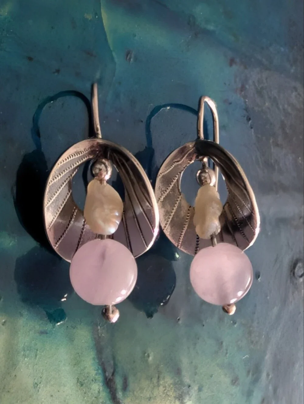 Sterling Silver Leaf Drop Earrings with Rose Quartz And Freshwater Pearl